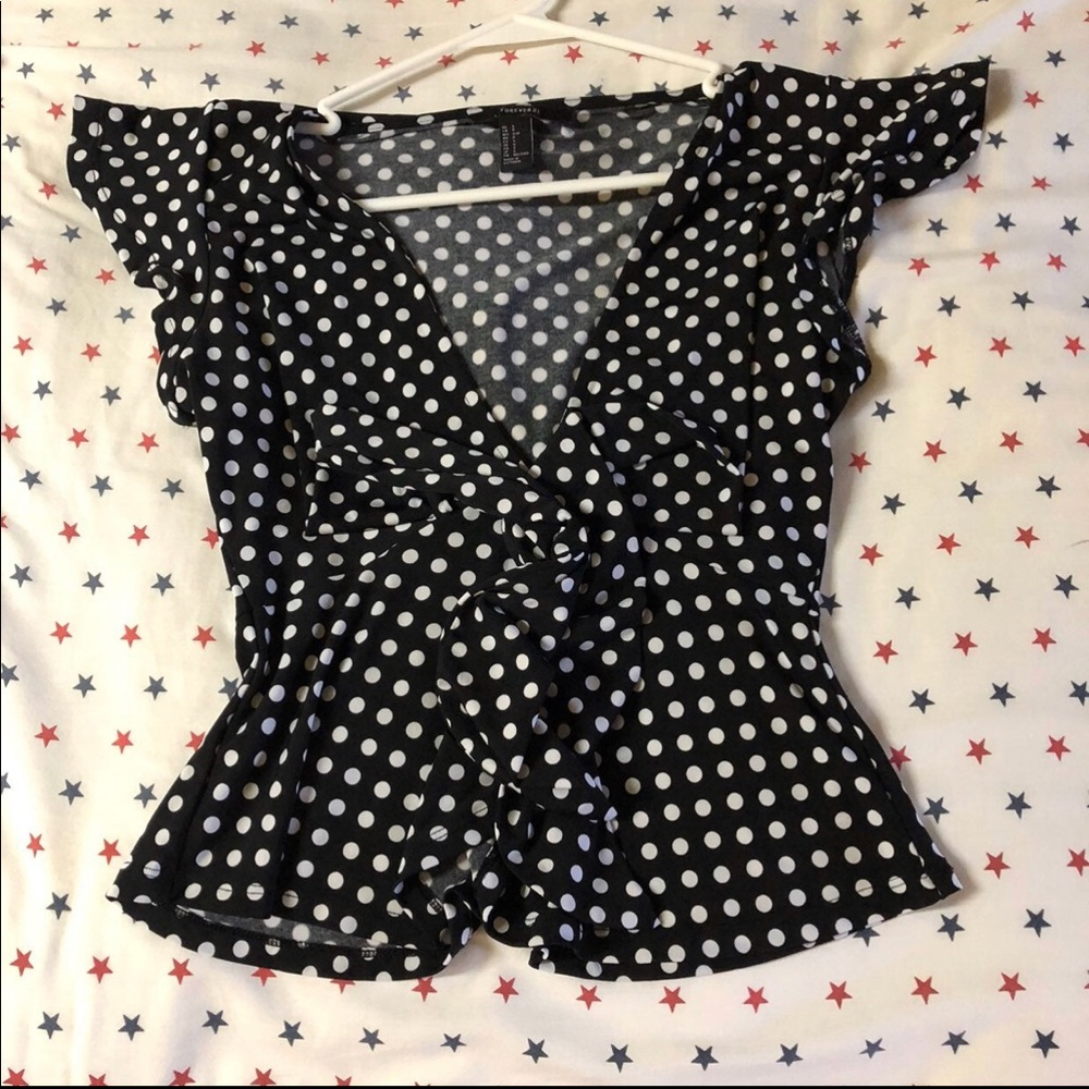 polka dots ruffle sleeves v neck blouse